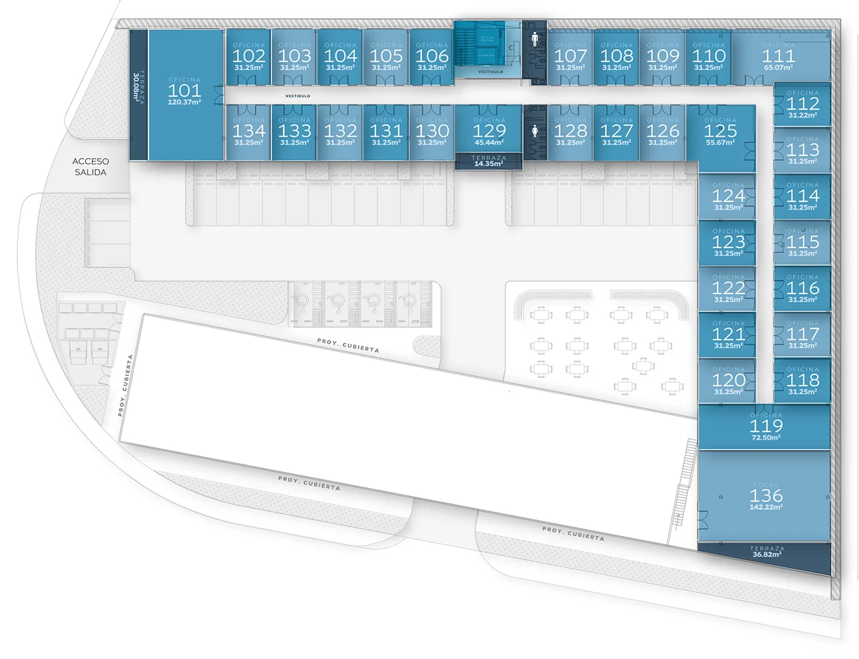 Plano arquitectónico de nivel 1 de Zentr Lomas: locales y oficinas en venta en Querétaro.