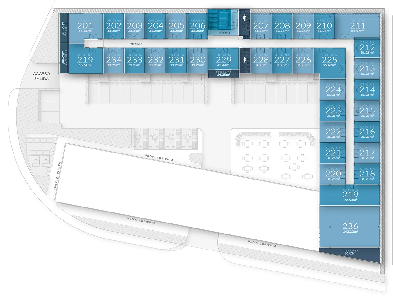 Plano arquitectónico de nivel 2 de Zentr Lomas: locales y oficinas en venta en Querétaro.