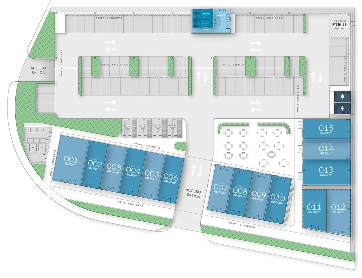 Plano arquitectónico de planta baja de Zentr Lomas: locales y oficinas en venta en Querétaro.