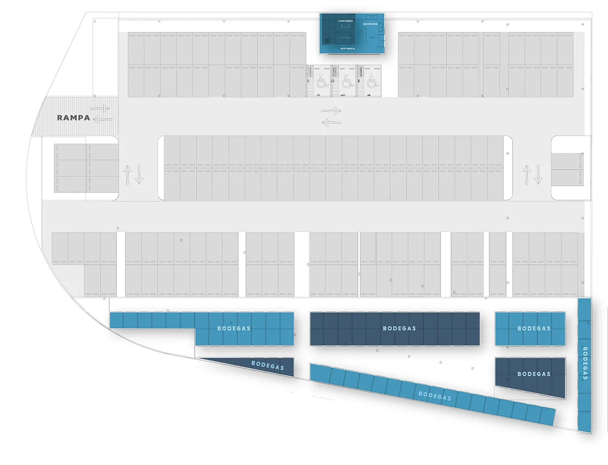 Plano arquitectónico de sótano de Zentr Lomas: locales y oficinas en venta en Querétaro.